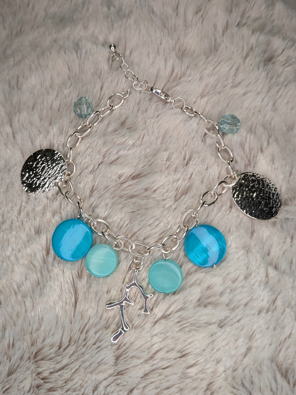 Silver Tone Ocean Coral Branch Charm Bracelet Aqua Shell Discs Beachy